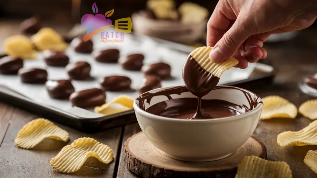 A hand dipping a ridged potato chip into melted chocolate, with chocolate-covered chips cooling on parchment paper in the background