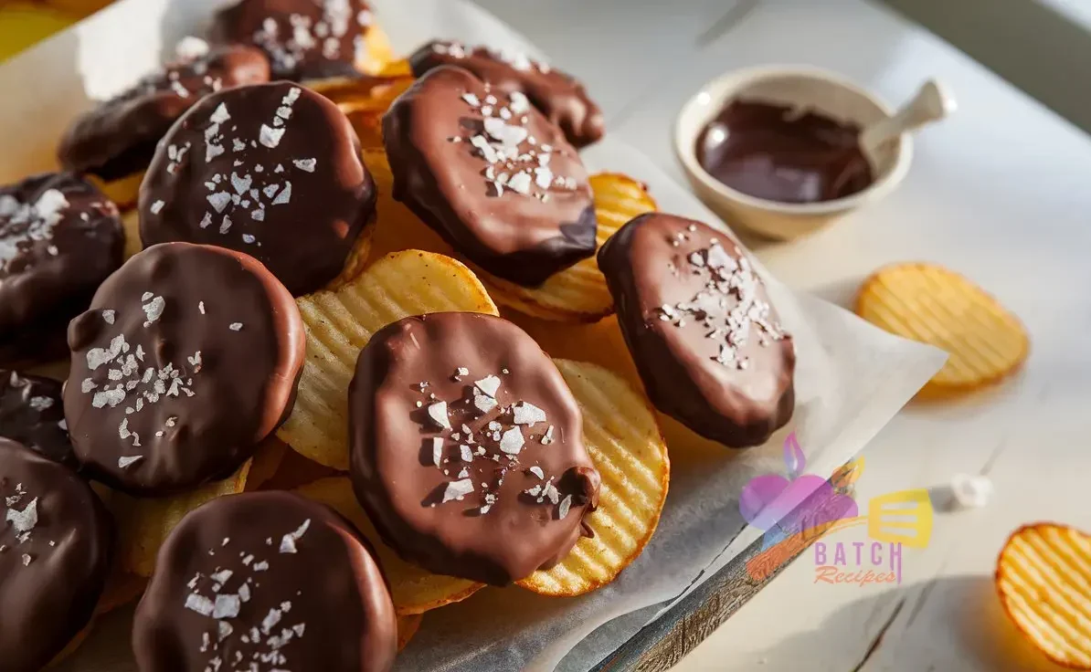 Chocolate-covered potato chips sprinkled with sea salt on a rustic wooden platter, with melted chocolate and chips nearby.