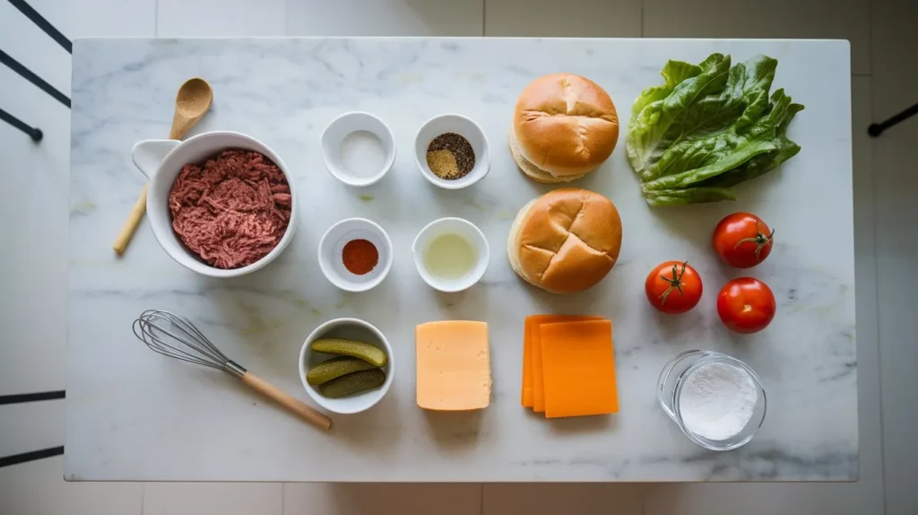 Ground bison, seasonings, fresh vegetables, and brioche buns perfectly prepped for a juicy bison burger recipe.