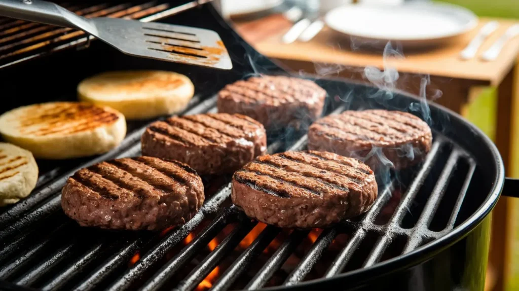 Smoky and flavorful bison burgers on the grill, with golden buns toasting on the side for a perfect cookout experience.