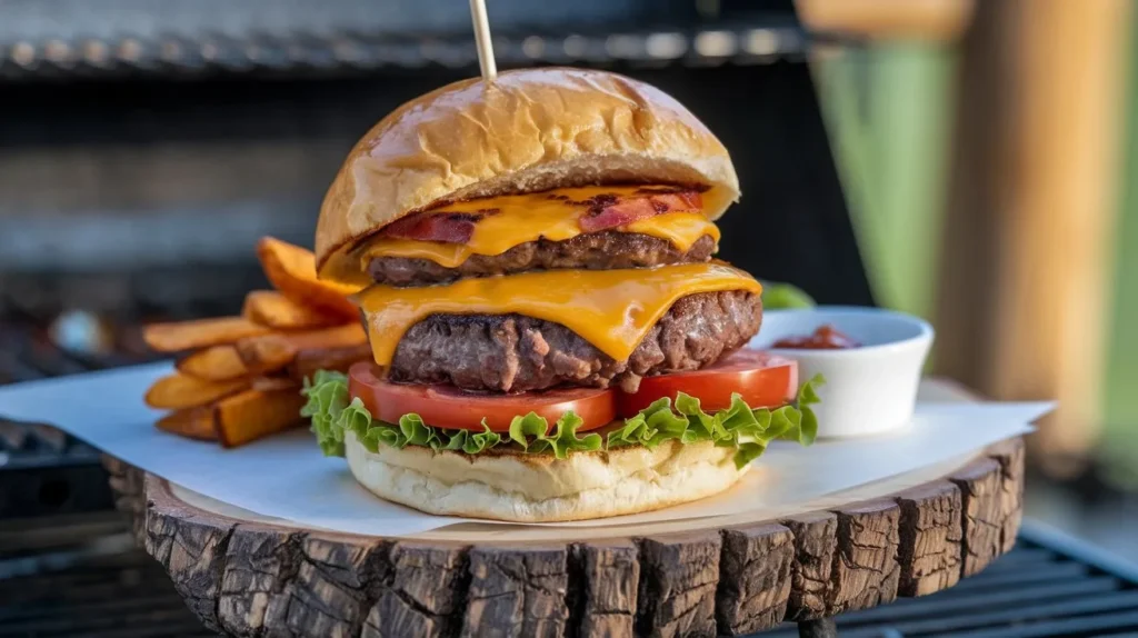 Juicy grilled bison burger with cheddar cheese, lettuce, and tomato on a brioche bun, served with sweet potato fries.