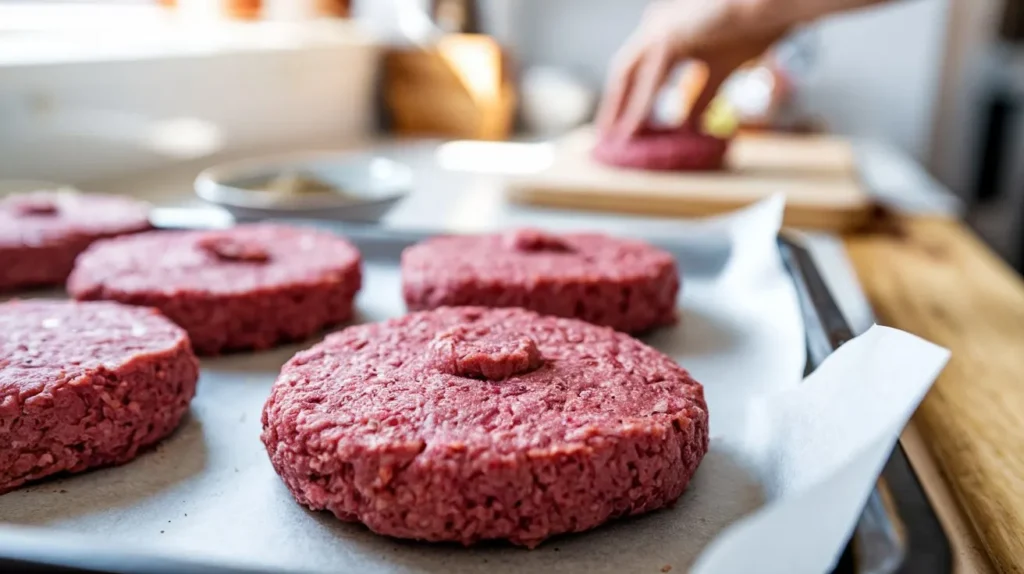 Perfectly shaped bison burger patties on a tray, prepared with seasonings for an easy and juicy recipe.