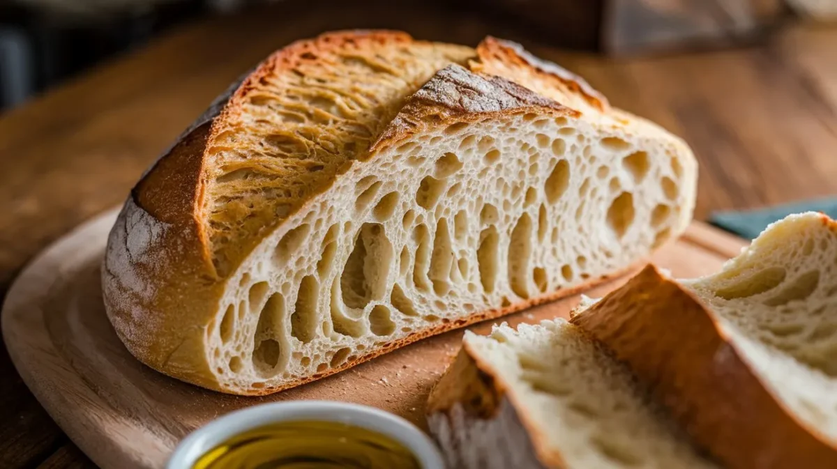 Close-up of freshly prepared Biga Recipe dough in a bowl, surrounded by bread flour and a kitchen scale on a wooden countertop.