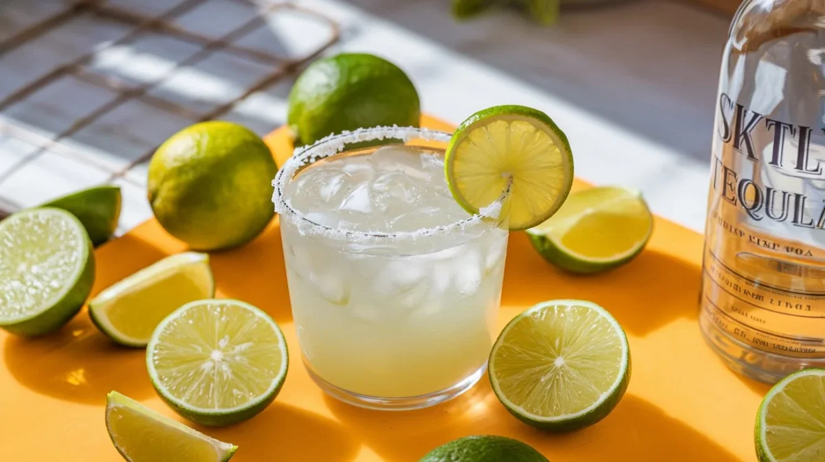 Close-up of a freshly prepared Skinny Margarita Recipe in a salt-rimmed glass with lime garnish, surrounded by fresh lime halves and tequila bottle.