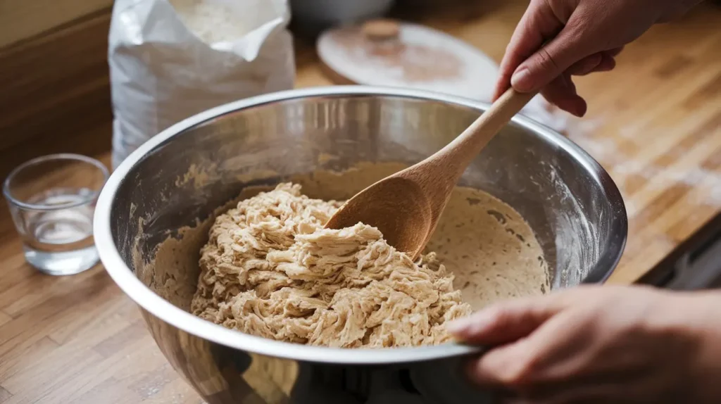 Overhead view of foamy activated yeast in a bowl, with warm water and a packet of yeast on a marble countertop.