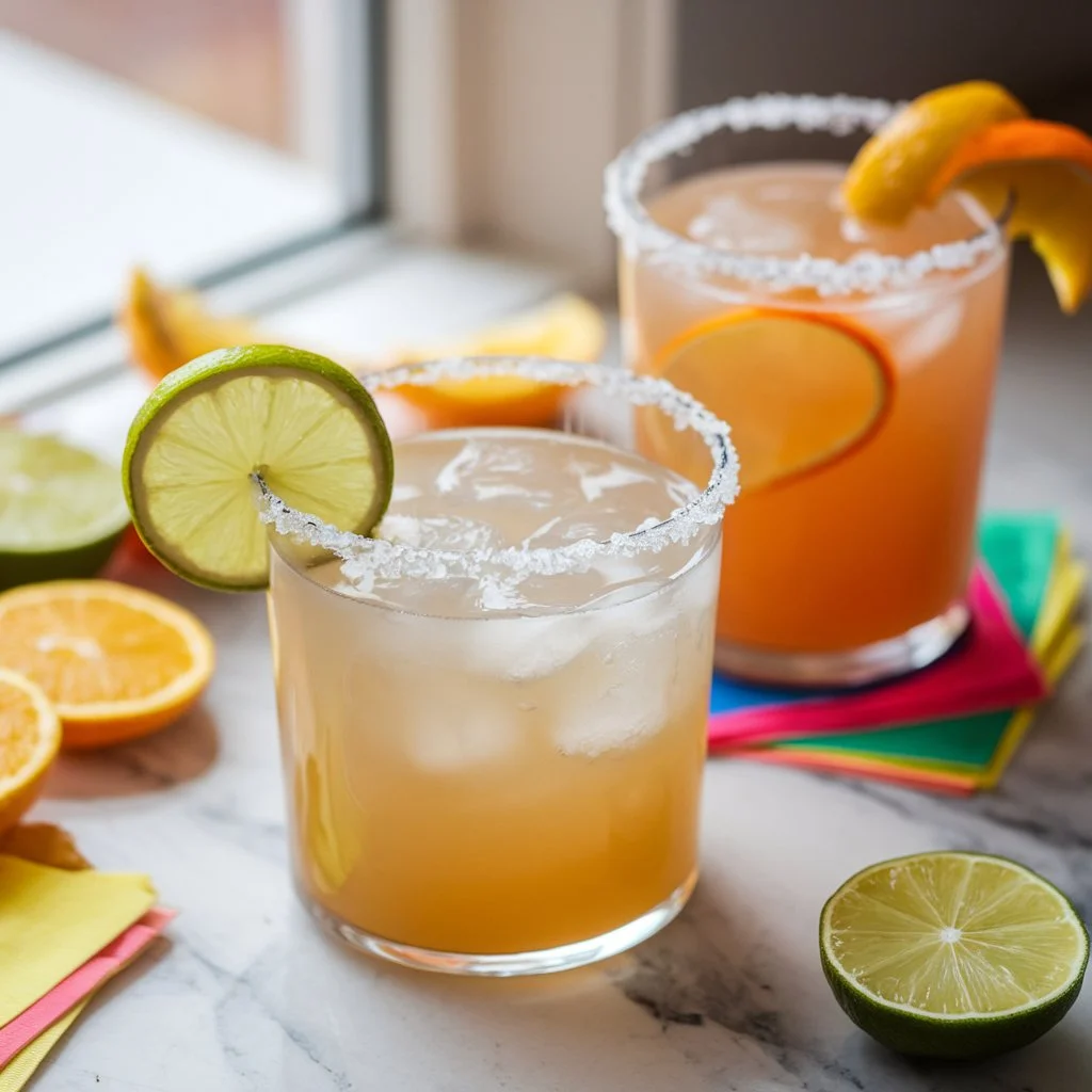 two skinny margaritas, one with lime garnish and one with orange twist, served on a marble countertop with scattered citrus slices