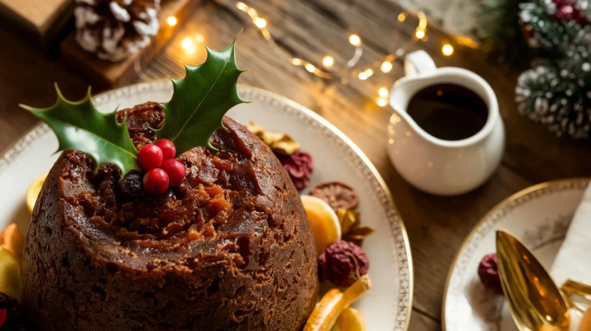 A beautifully Christmas Pudding Recipe traditional Christmas pudding garnished with holly, accompanied by dried fruits, spices, and a warm holiday glow.