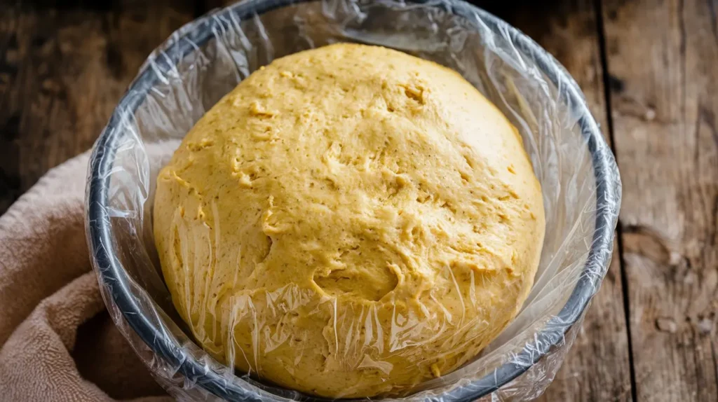 Fully fermented biga dough, airy and bubbly, in a clear bowl covered with plastic wrap on a rustic wooden table.