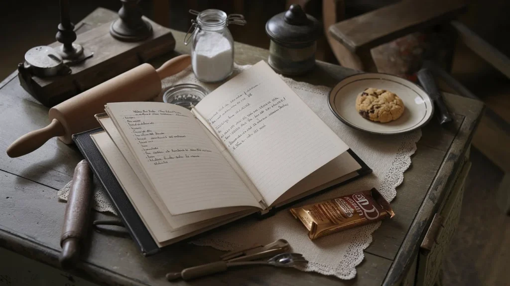 Step back in time with this vintage setup featuring a handwritten recipe and the tools that helped create the iconic Nestle chocolate chip cookies