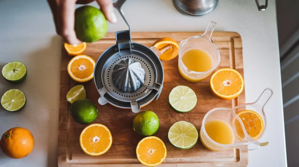 Overhead view of fresh limes and oranges being juiced with a handheld juicer on a wooden cutting board