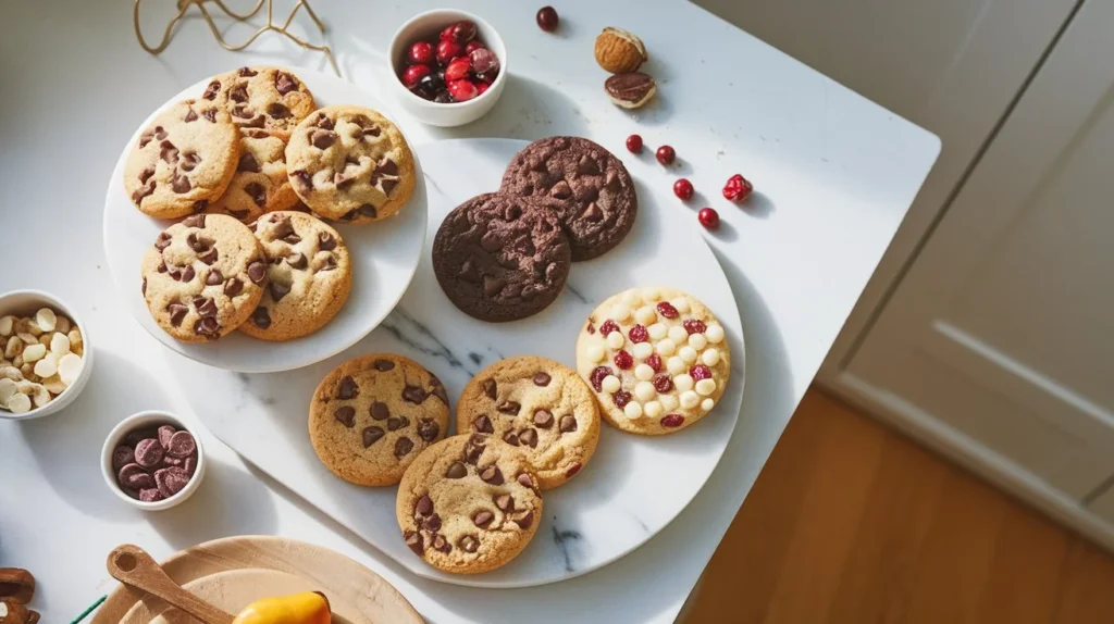 Original Toll House Treats -A batch of warm, gooey Nestle chocolate chip cookies displayed on a rustic wooden board, perfect for evoking nostalgic charm