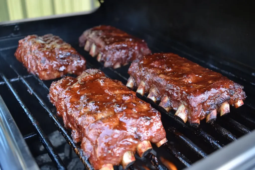 Smoky Traeger ribs glazed with BBQ sauce, served on a wooden board with BBQ sauce and wood pellets for a rustic appeal.