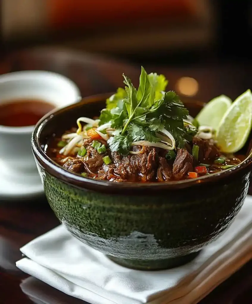 A serving of Vietnamese beef stew with egg noodles, garnished with fresh herbs, onions, and lime wedges