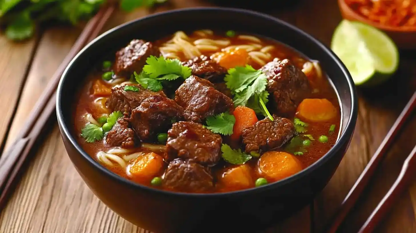 A vibrant bowl of Vietnamese beef stew with egg noodles, garnished with cilantro, Thai basil, and lime wedges