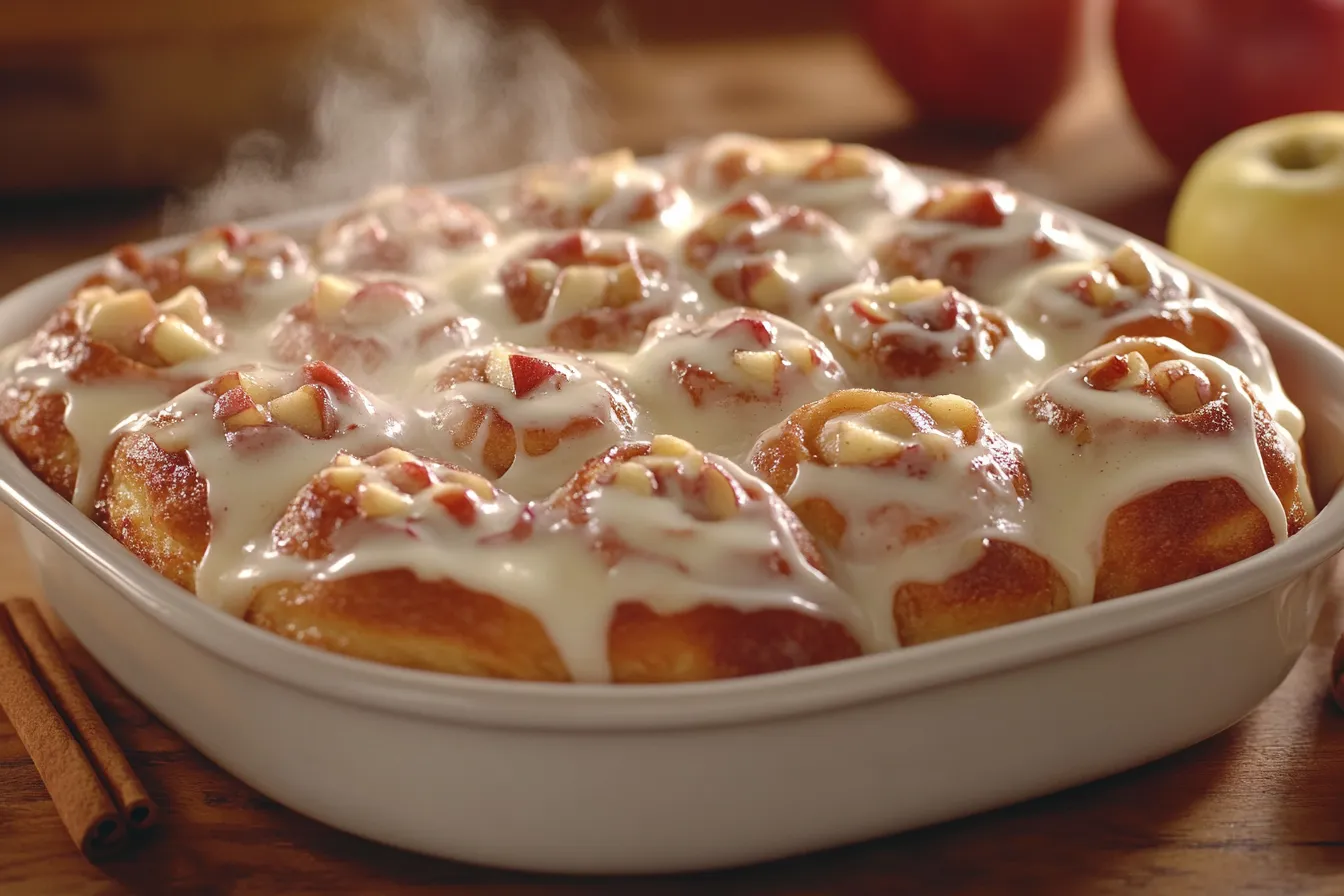 Freshly baked apple cinnamon brioche rolls with cream cheese frosting, steaming hot from the oven