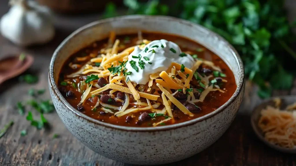 Steaming bowl of black bean soup garnished with avocado, cilantro, and lime, with tortilla chips on the side