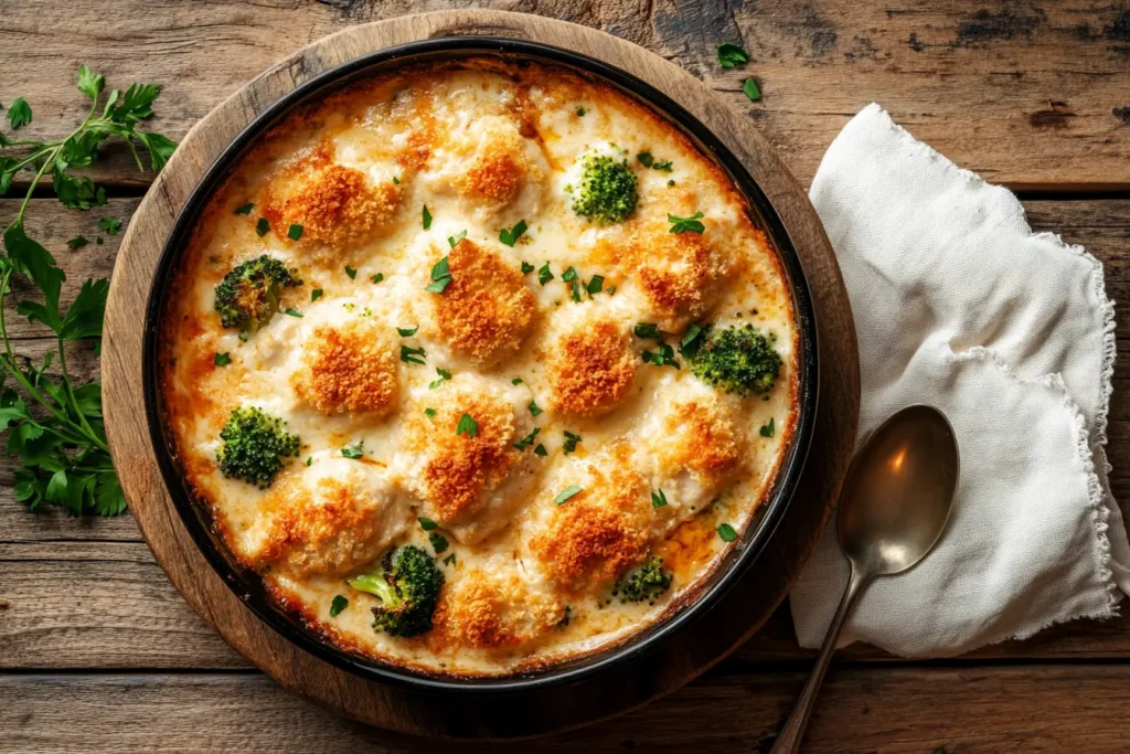 A serving of Chicken Divan casserole on a white plate with golden breadcrumbs and creamy sauce, paired with wine and bread.