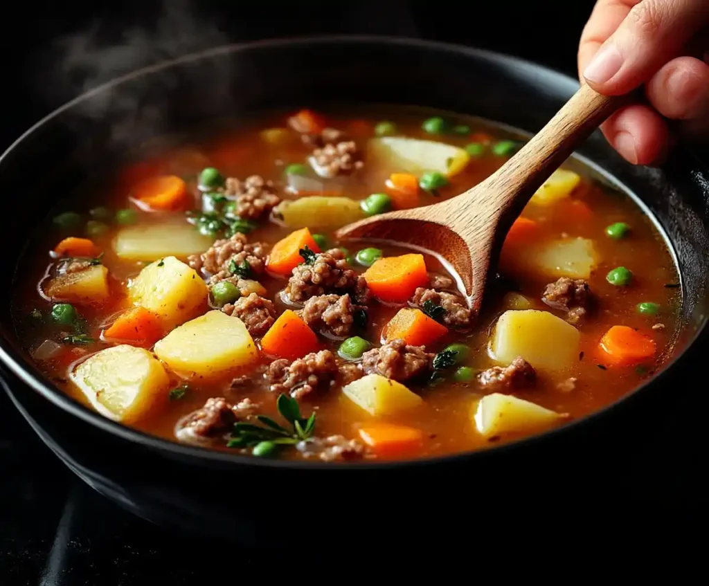 Pot of Shepherd’s Pie Soup being stirred with a wooden spoon, featuring visible vegetables, beef, and potatoes