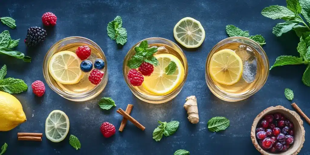 White tea being poured from a teapot into a shot glass, with lemon and honey on a saucer for added flavor.