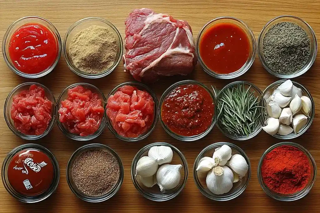 Ingredients for pulled pork, including pork shoulder, spices, Coke, and BBQ sauce, on a wooden countertop