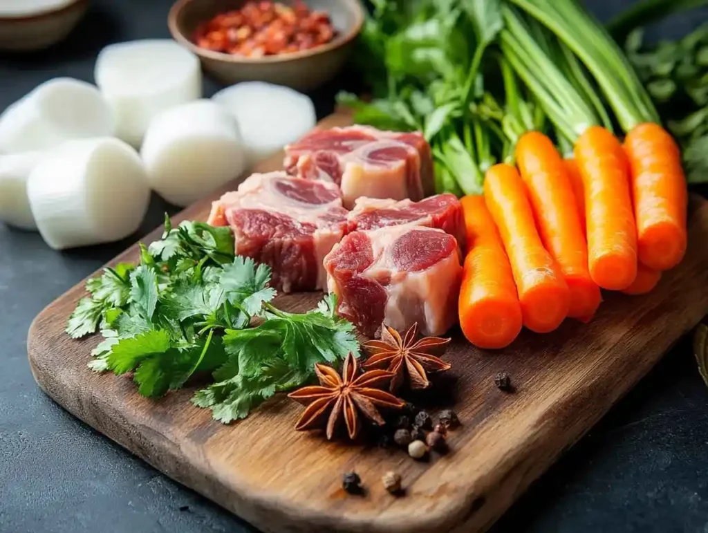 Fresh ingredients for Vietnamese beef stew: lemongrass, star anise, carrots, daikon, beef shank, and annatto powder