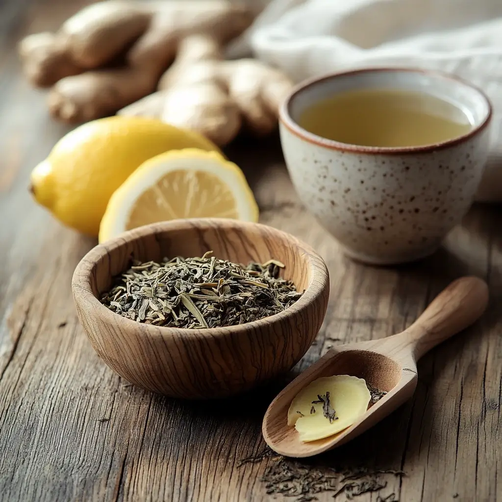 Loose-leaf white tea in a wooden bowl with a small cup of brewed tea, lemon slices, and ginger root on a rustic wooden table