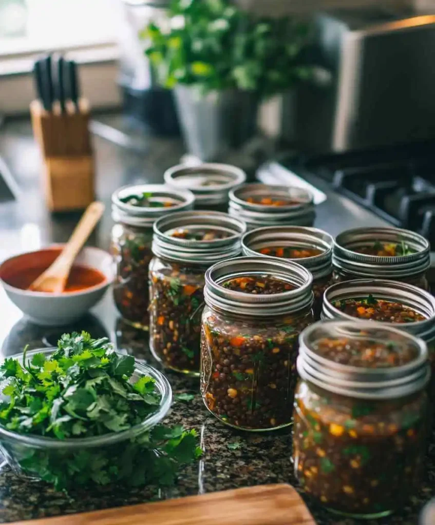 Black bean soup stored in labeled mason jars on a countertop with fresh cilantro and a wooden spoon