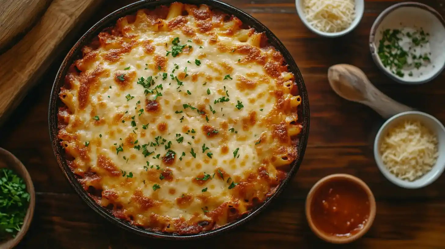 Baked ziti casserole with golden-brown melted cheese in a rustic dish, surrounded by Parmesan and marinara sauce