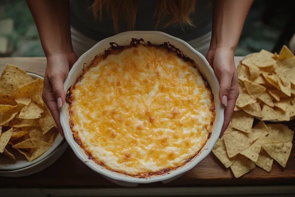 Baked high-protein buffalo chicken dip in a white dish with melted cheese, buffalo sauce, and green onion garnish.