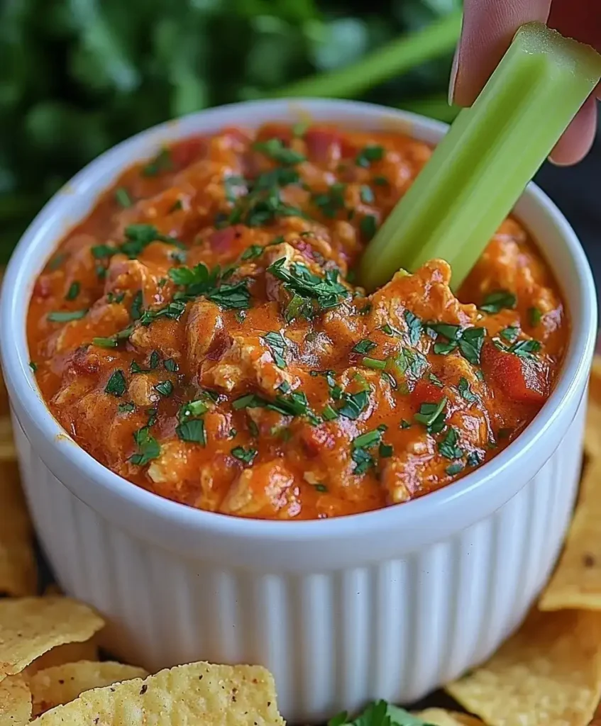 Mixing shredded chicken, Greek yogurt, cottage cheese, and buffalo sauce in a glass bowl with a wooden spoon