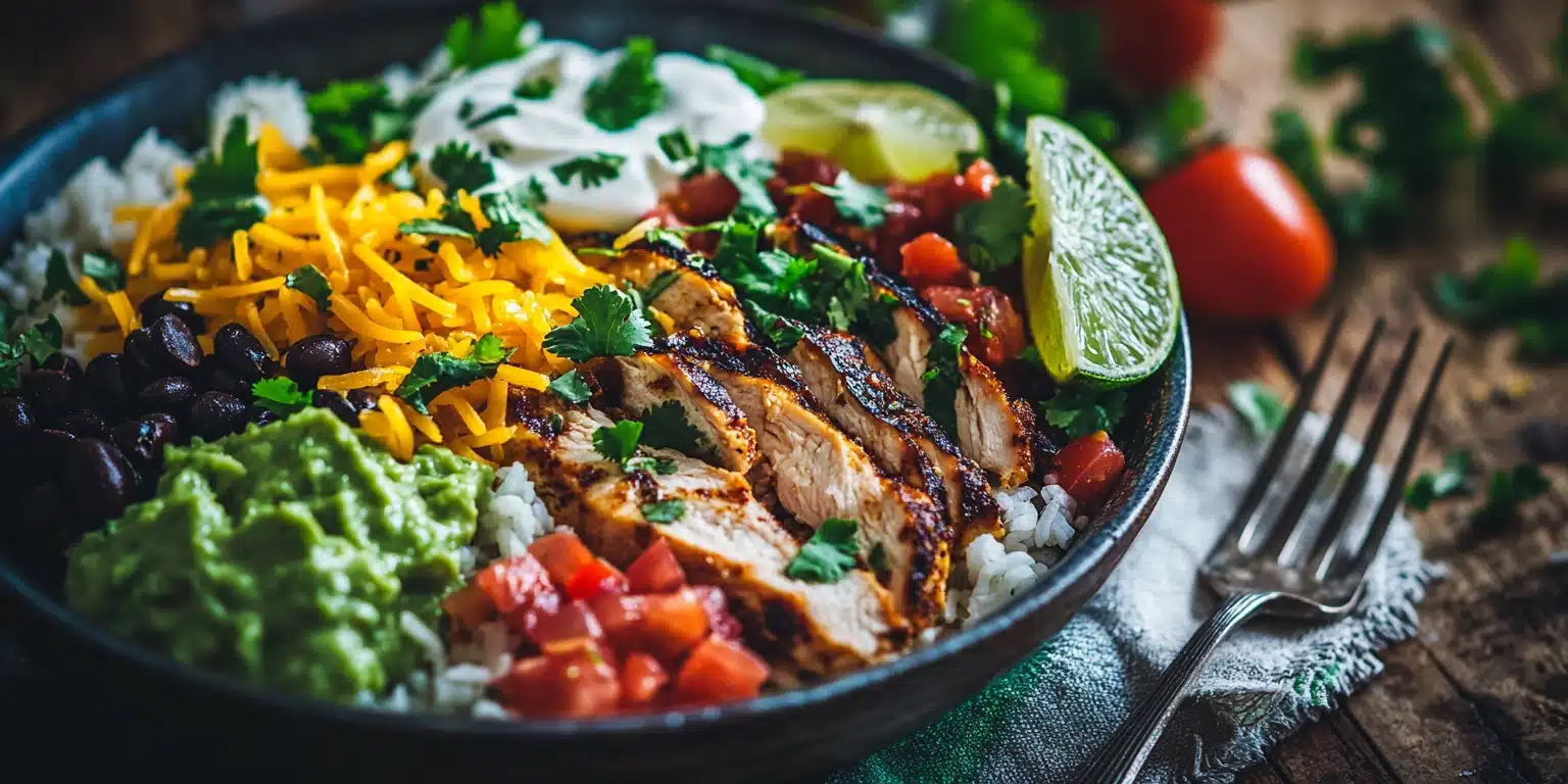 Vibrant homemade Moe's Burrito Bowl Recipe with cilantro-lime rice, grilled chicken, beans, and toppings, styled Tex-Mex meal