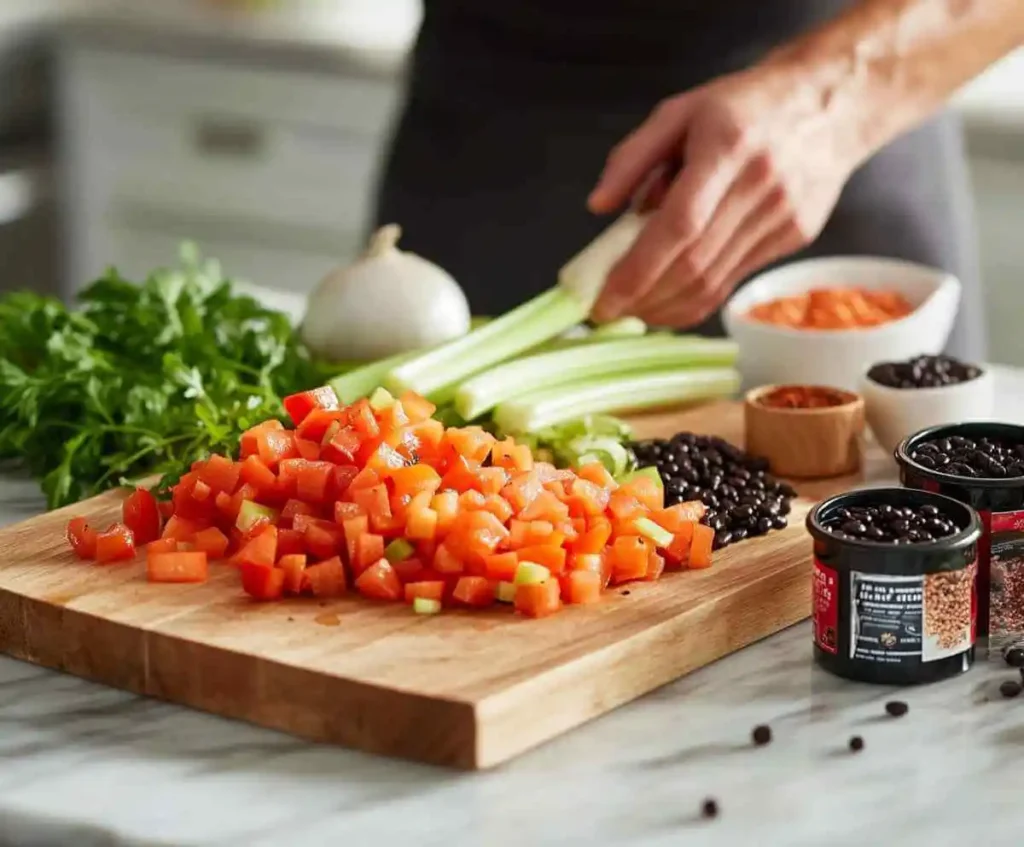 Fresh vegetables and spices on a wooden cutting board with canned black beans, ready to make black bean soup