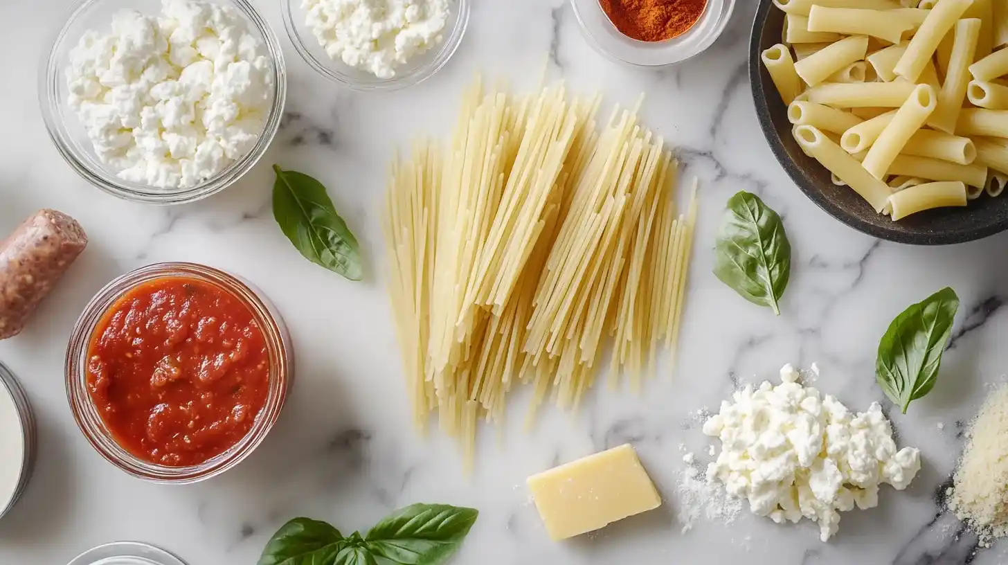 Ingredients for baked ziti, including ziti pasta, marinara sauce, ricotta, mozzarella, and Italian sausage on a marble counter.

