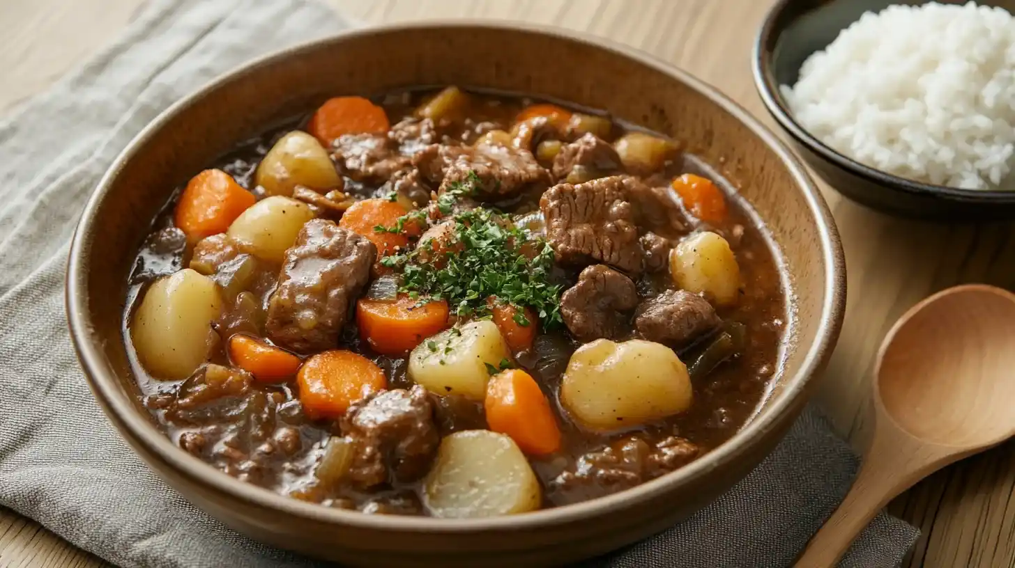 A rich bowl of Japanese beef stew with tender beef, carrots, potatoes, and mushrooms served alongside steamed rice