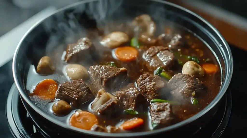 A close-up of a simmering pot of Japanese beef stew with tender beef chunks and vegetables in a rich, glossy sauce