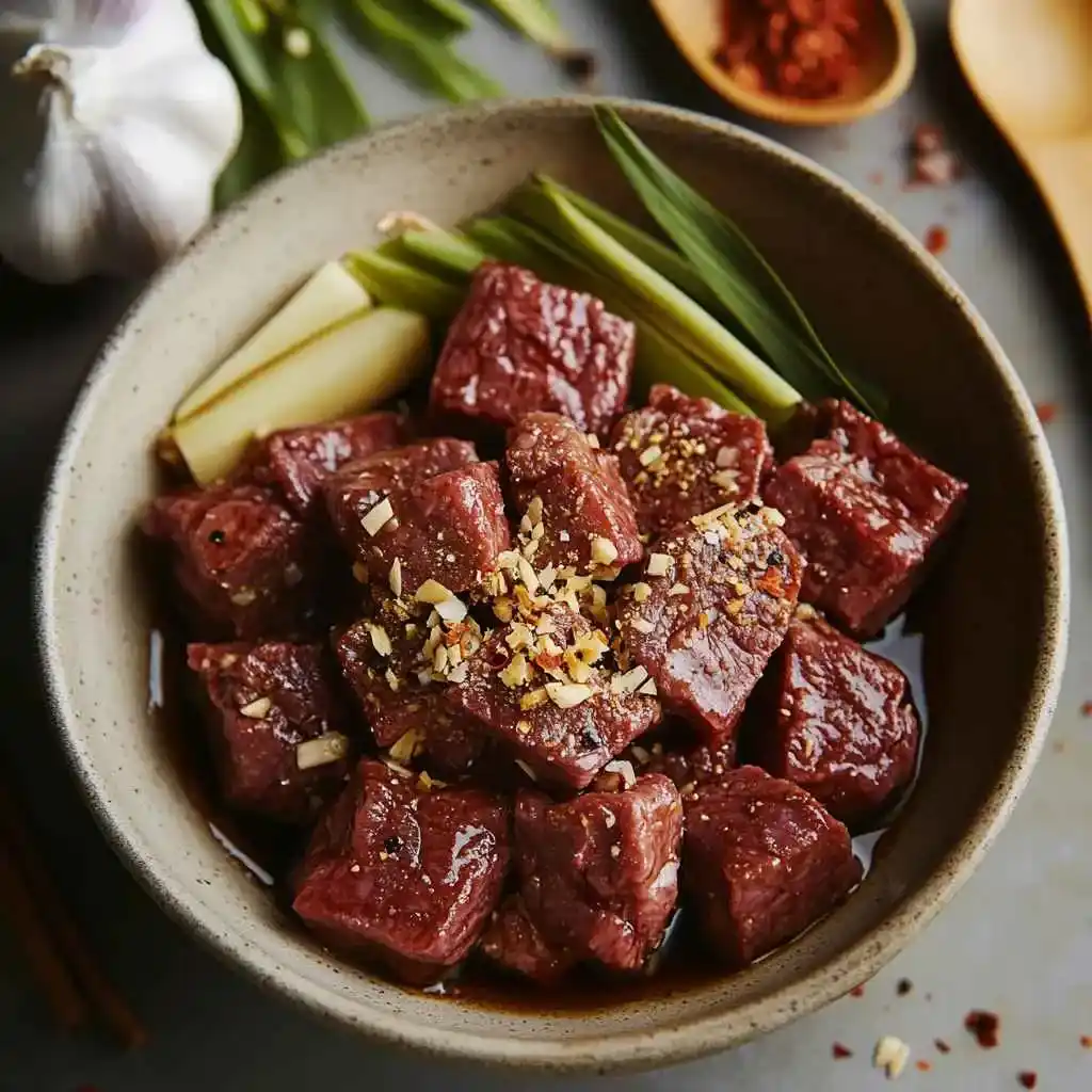 Beef chunks marinating in a bowl with fish sauce, garlic, five-spice powder, and fresh lemongrass.