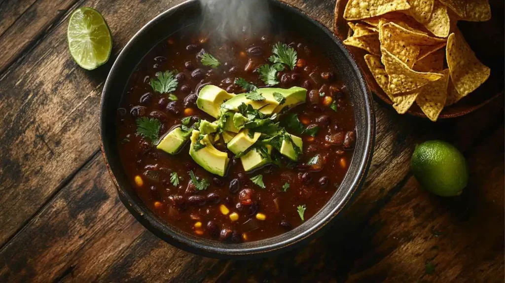 Black bean soup garnished with sour cream, shredded cheese, tortilla strips, and fresh herbs in a rustic setting