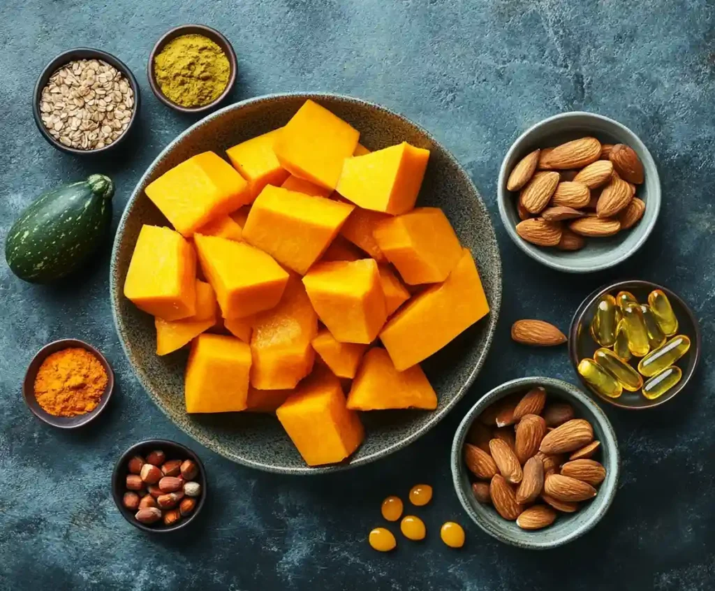 Kabocha squash chunks in a ceramic bowl with small dishes of Vitamin A capsules, potassium-rich fruits, and nuts