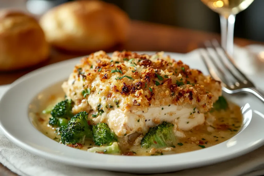 Golden Chicken Divan casserole with breadcrumbs, broccoli, and creamy sherry-Parmesan sauce in a rustic kitchen setting.