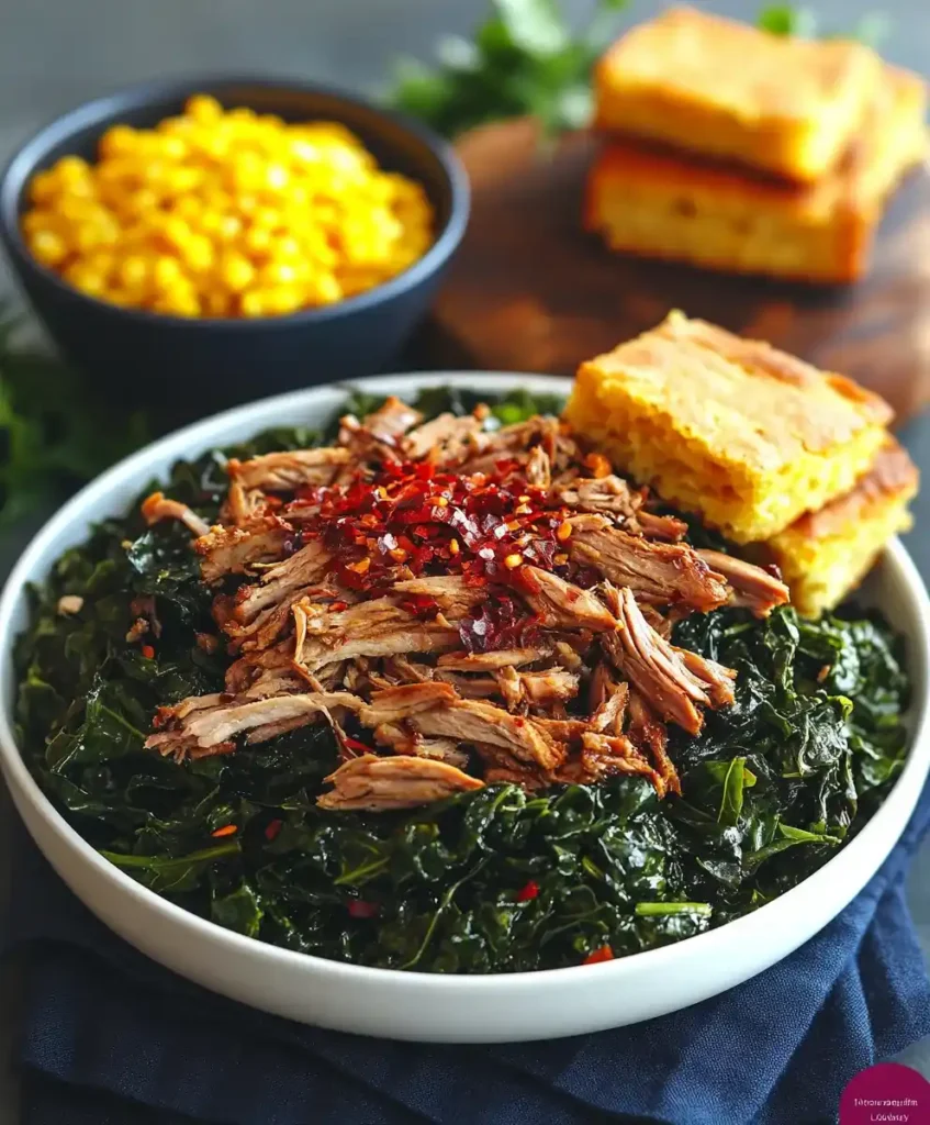 A serving of collard greens with smoked turkey 