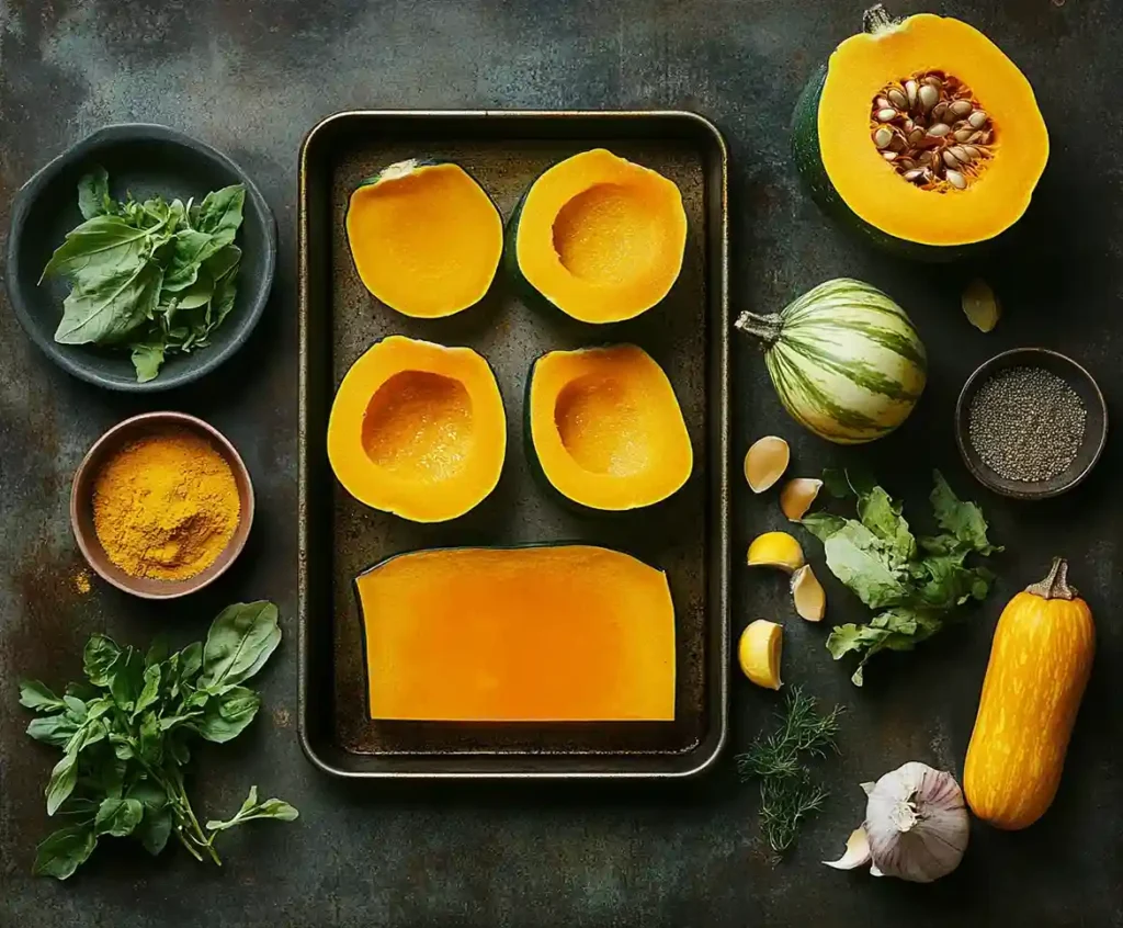 A sequence showing kabocha squash being cut, roasted, and pureed, surrounded by fresh ingredients