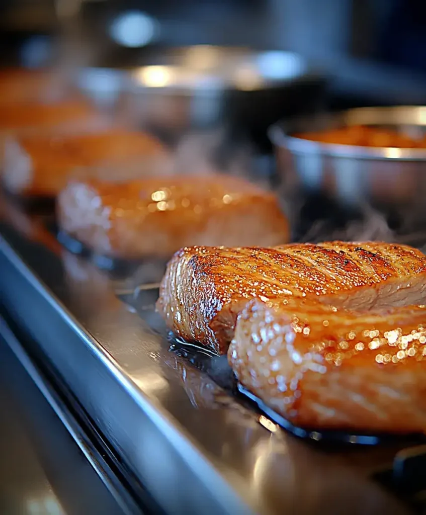 Searing pork shoulder in a Dutch oven with steam rising, spices and Coke on the side