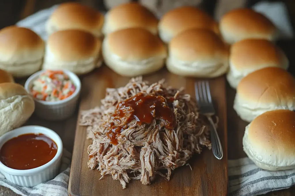 Pulled pork tacos with coleslaw, lime wedges, and BBQ sauce on a rustic plate.