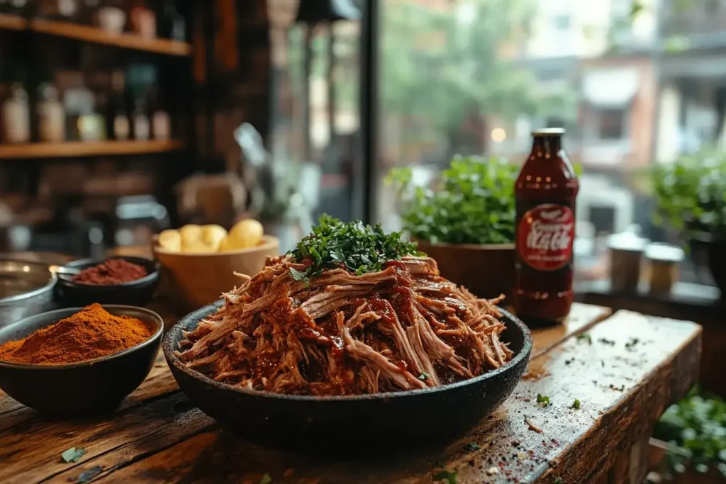 Close-up of tender pulled pork on a wooden board with BBQ sauce and fresh buns