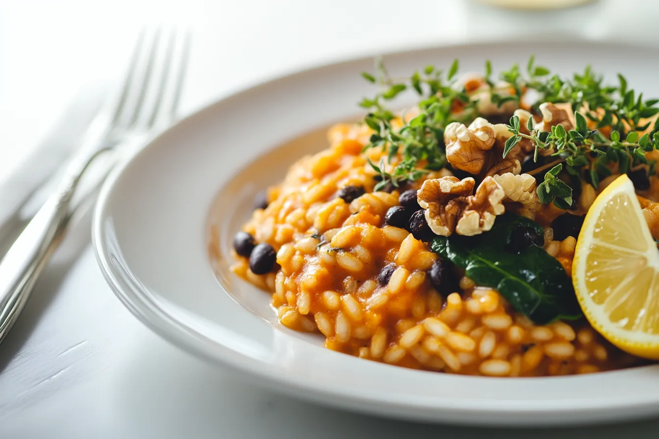 Creamy vegan pumpkin risotto with black beans and spinach garnished with walnuts and thyme, served in a rustic bowl