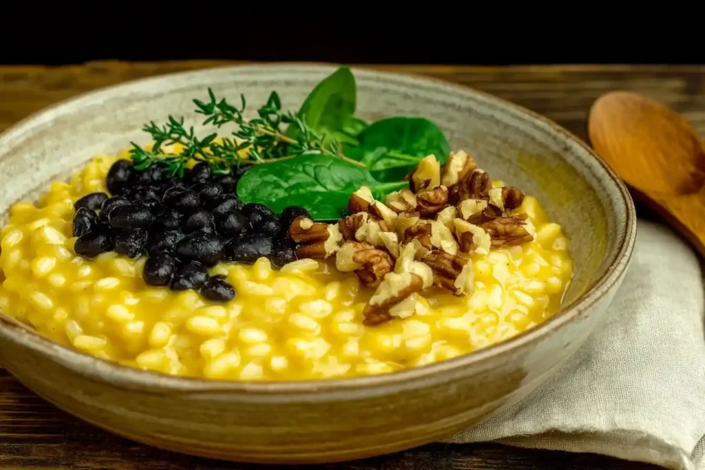 A beautifully plated pumpkin risotto topped with spinach, black beans, and walnuts, perfect for a fall-inspired vegan dinner.