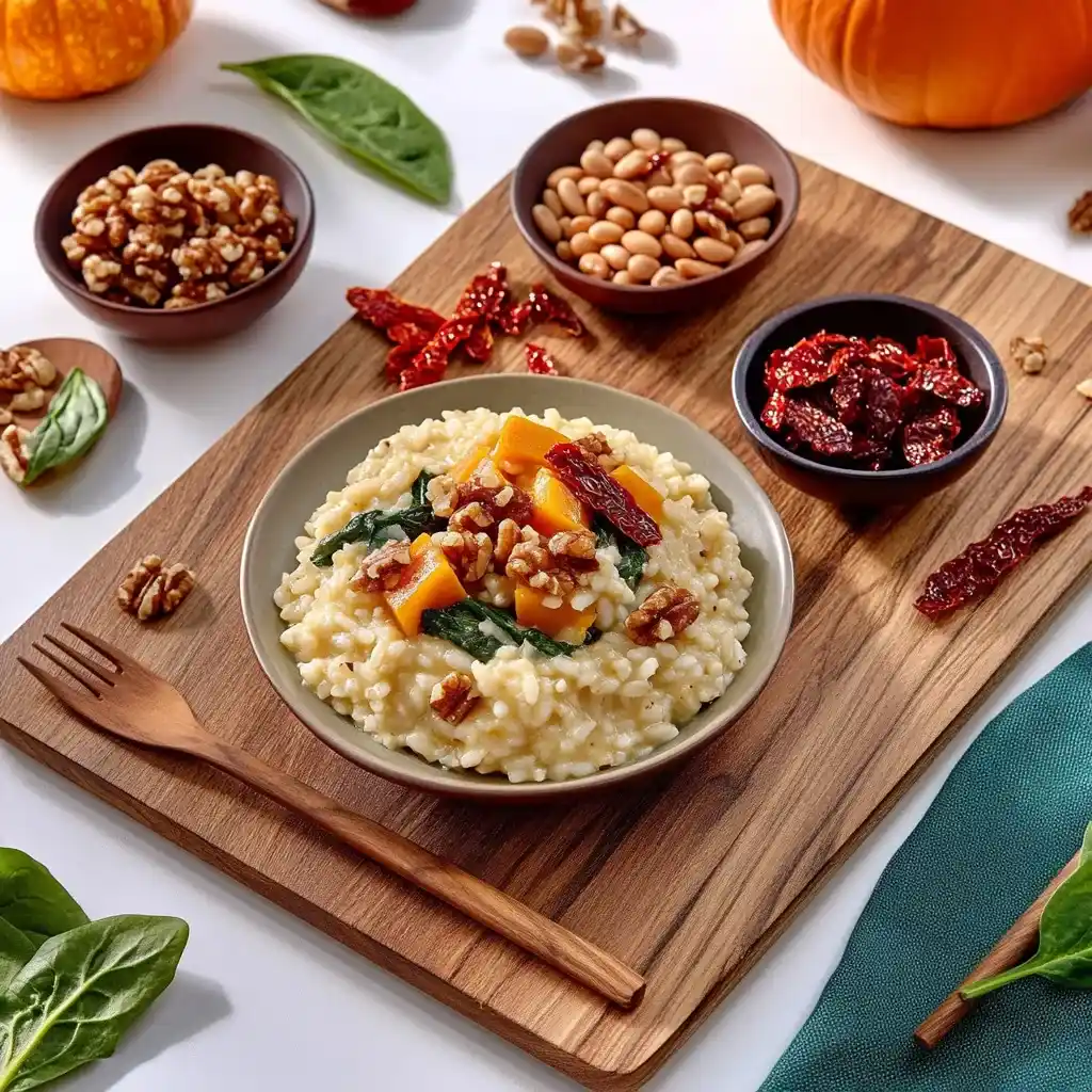 Pumpkin risotto surrounded by small bowls of toppings, including cannellini beans, spinach, walnuts, pine nuts, and sun-dried tomatoes