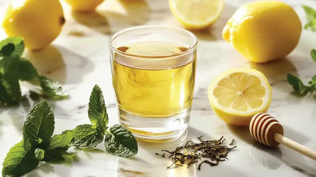 An inviting white tea shot surrounded by lemon