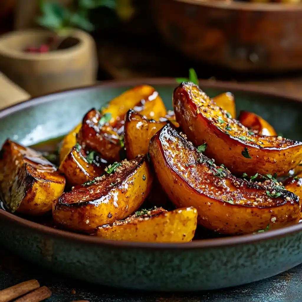 Roasted kabocha squash wedges drizzled with maple syrup and sprinkled with cinnamon on a rustic autumn-themed background