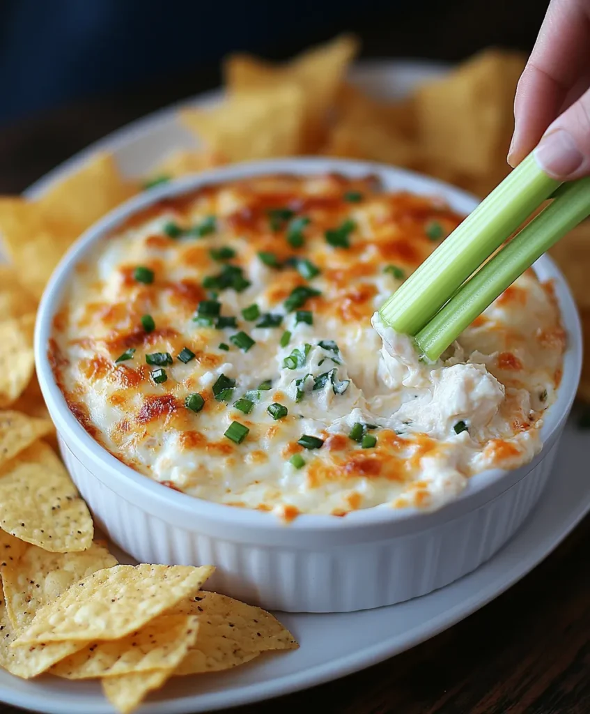 High-protein buffalo chicken dip served with veggie sticks, chips, and crackers, with a hand dipping a celery stick into the bowl